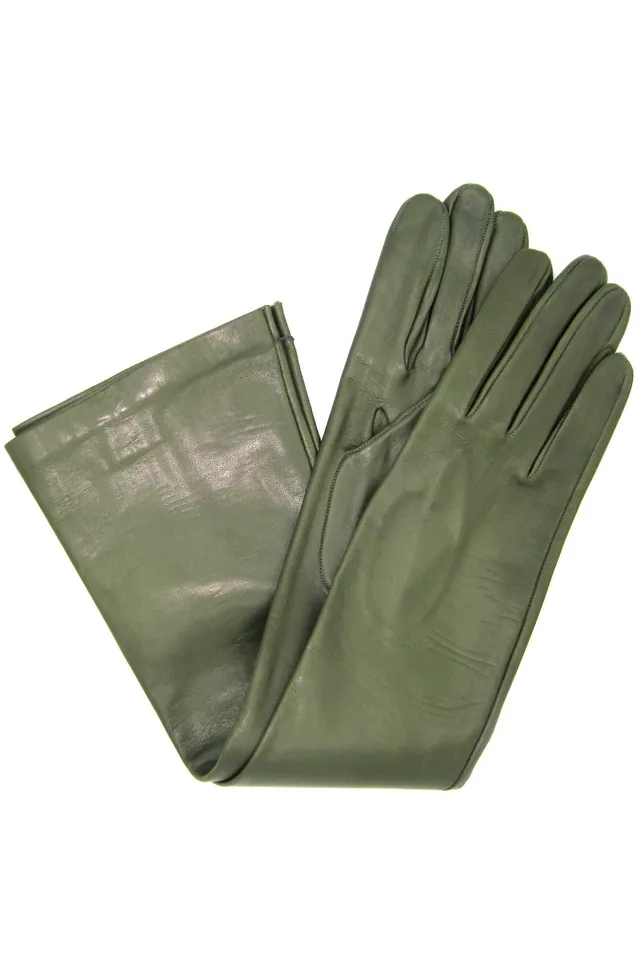 sermoneta-gloves-guanto-opera-in-nappa-di-capretto-foderato-seta-lungo-verde-oli image 1