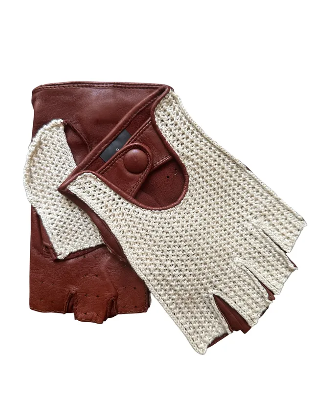 merola-gloves-guanti-da-guida-in-nappa-e-cotone-senza-dita-cognac-ecru image 1