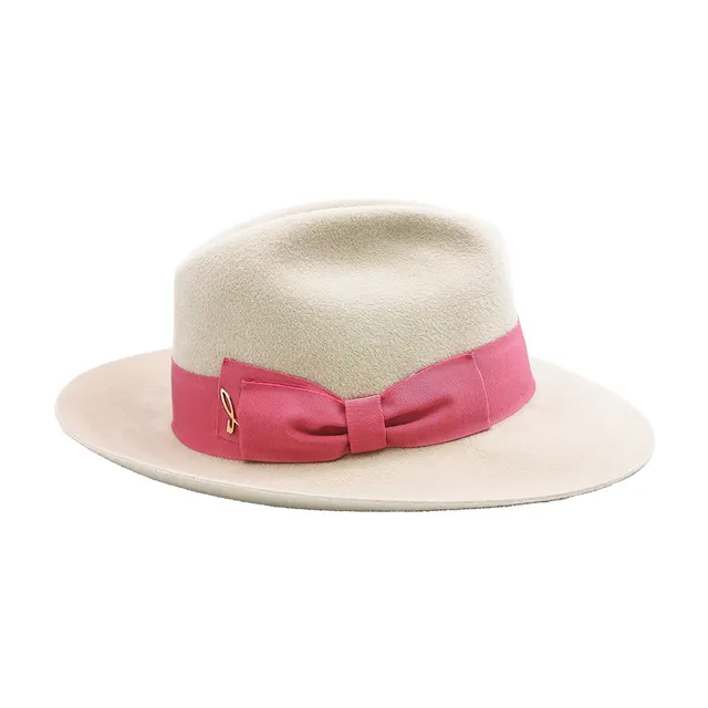 doria-1905-dalida-fedora-feltro-lapin-velour-sabbia-fiocco-rosa image 1