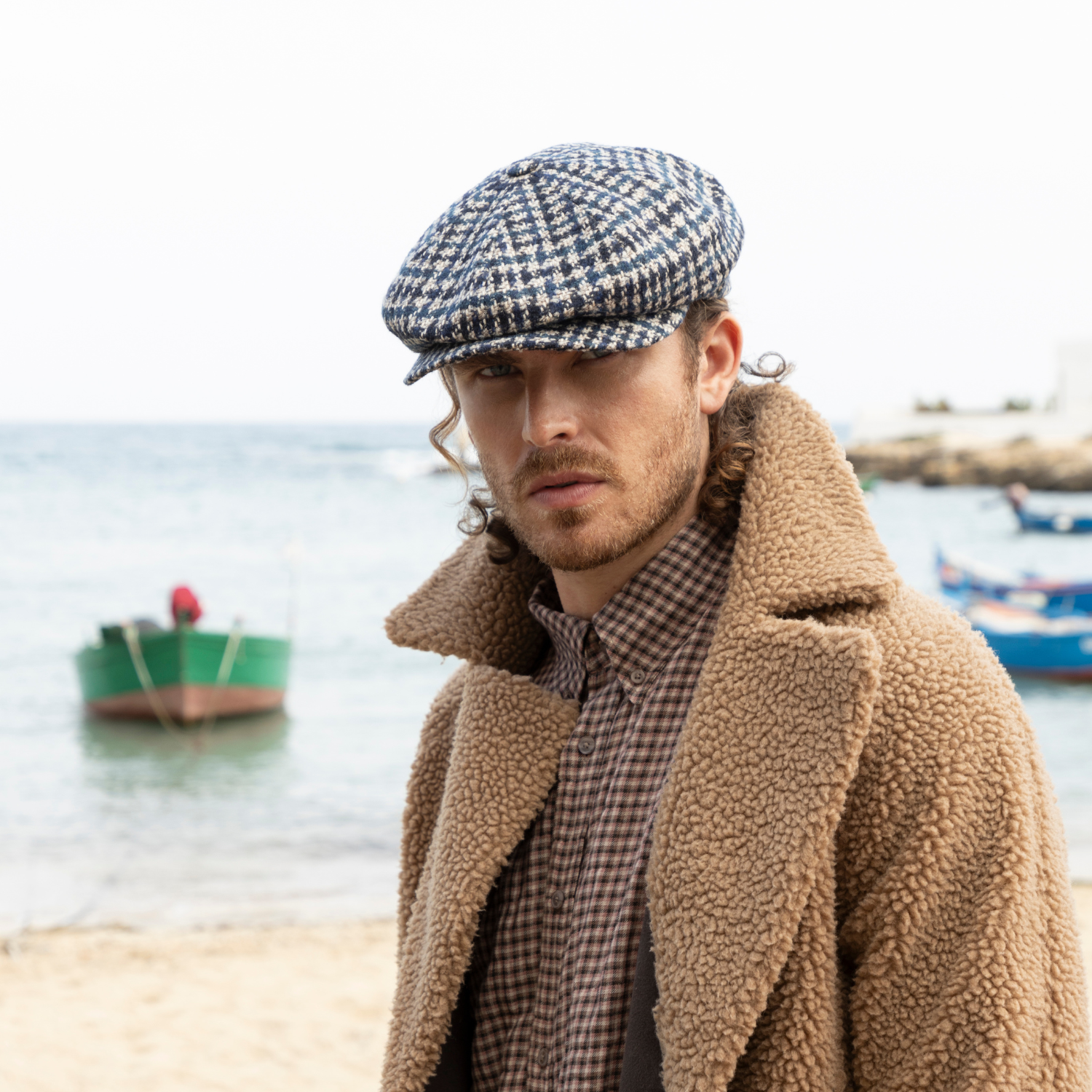 doria-1905-lord-berretto-irlandese-a-spicchi-in-tweed-pied-de-poule-grigio-blu image 2